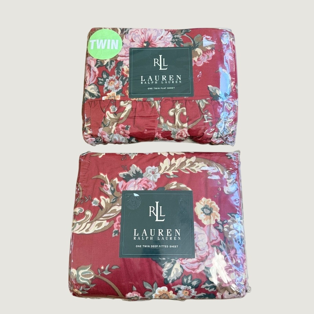 Lauren Ralph Lauren Marseilles Ruffled Floral Red Twin Flat & Fitted Sheet Set